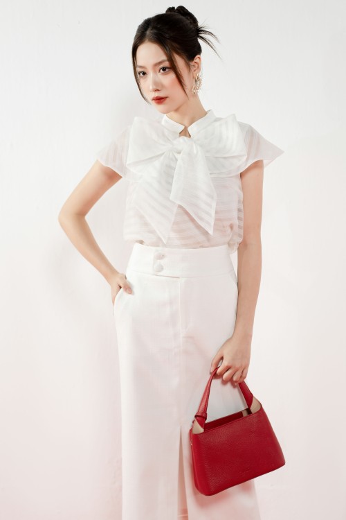 Sixdo White Straight Midi Woven Skirt